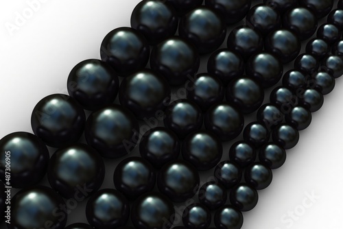 Black pearls necklaces. Black cultured tahitian pearls of three different sizes in two-thread necklaces on a white background, close-up, 3D illustration.