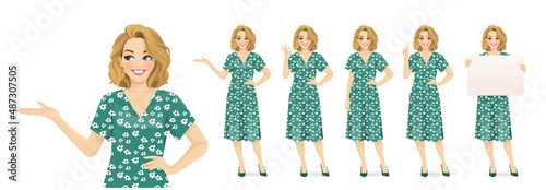 Beautiful woman character in green dress set with flower print. Various gestures - pointing, showing ok sign, standing, holding empty blank board isolated vector illustration
