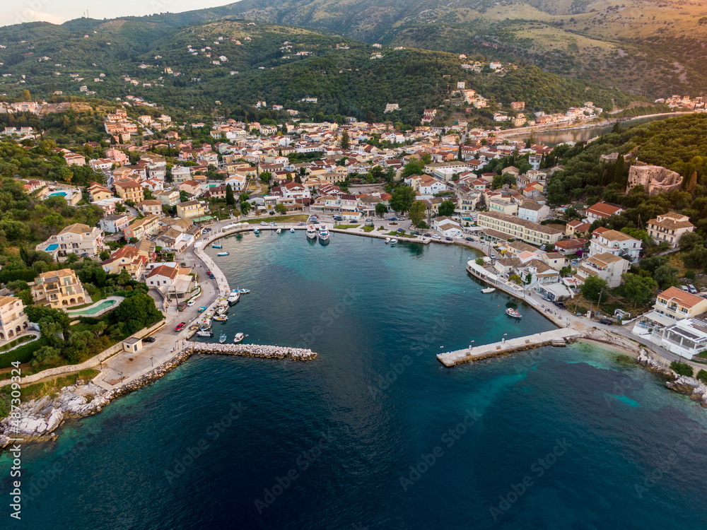 Aerial drone view of famous kassiopi harbour in north corfu greece 
