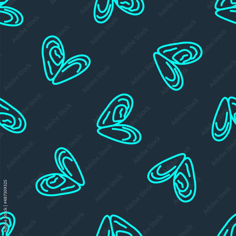 Green line Mussel icon isolated seamless pattern on blue background. Fresh delicious seafood. Vector