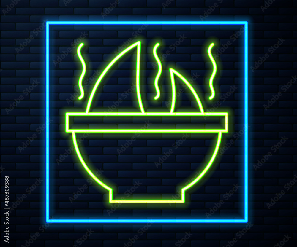 Glowing neon line Shark fin soup icon isolated on brick wall background. Vector Glowing neon line Shark fin soup icon isolated on brick wall background. Vector