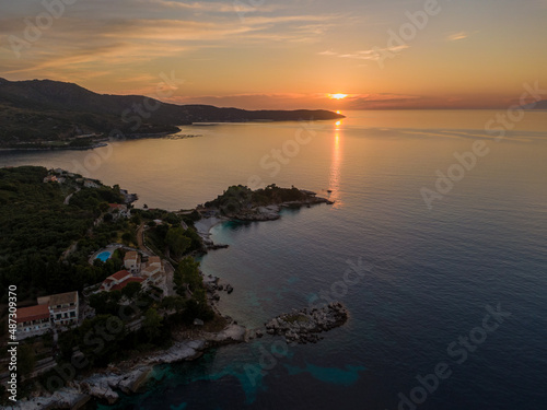 Aerial drone view of famous kassiopi beaches in north corfu greece 