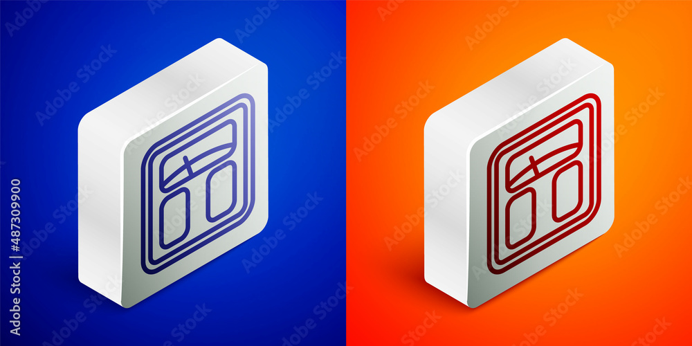 Isometric line Bathroom scales icon isolated on blue and orange background. Weight measure Equipment. Weight Scale fitness sport concept. Silver square button. Vector Isometric line Bathroom scales icon isolated on blue and orange background. Weight measure Equipment. Weight Scale fitness sport concept. Silver square button. Vector