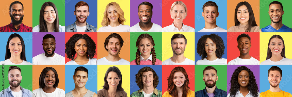 Diverse cultures. Collage of various smiling multiethnic people expressing positive emotions on colorful backgrounds Diverse cultures. Collage of various smiling multiethnic people expressing positive emotions on colorful backgrounds