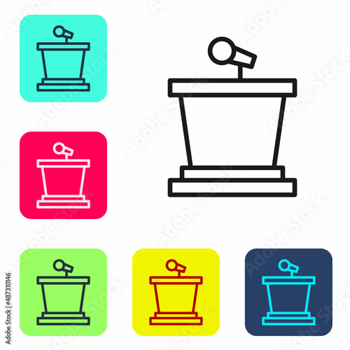 Black line Stage stand or debate podium rostrum icon isolated on white background. Conference speech tribune. Set icons in color square buttons. Vector