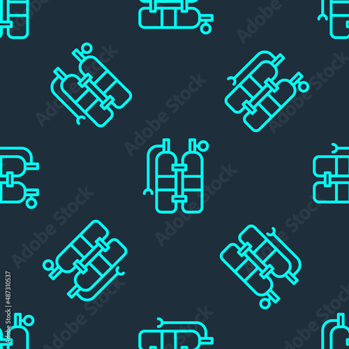 Green line Aqualung icon isolated seamless pattern on blue background. Oxygen tank for diver. Diving equipment. Extreme sport. Sport equipment. Vector