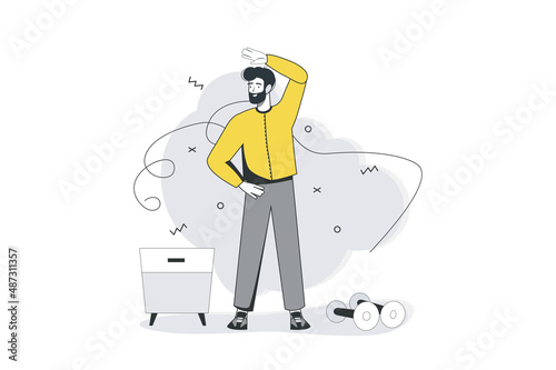 Sport at home flat line concept. Man does morning training and stretches his body, performs exercises and takes care of his health.Vector illustration with outline people scene for web banner design