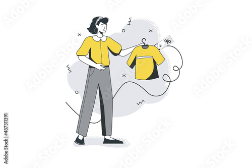 Shopping flat line concept. Woman chooses clothes and makes purchases in season of sales at favorable prices with best discounts. Vector illustration with outline people scene for web banner design