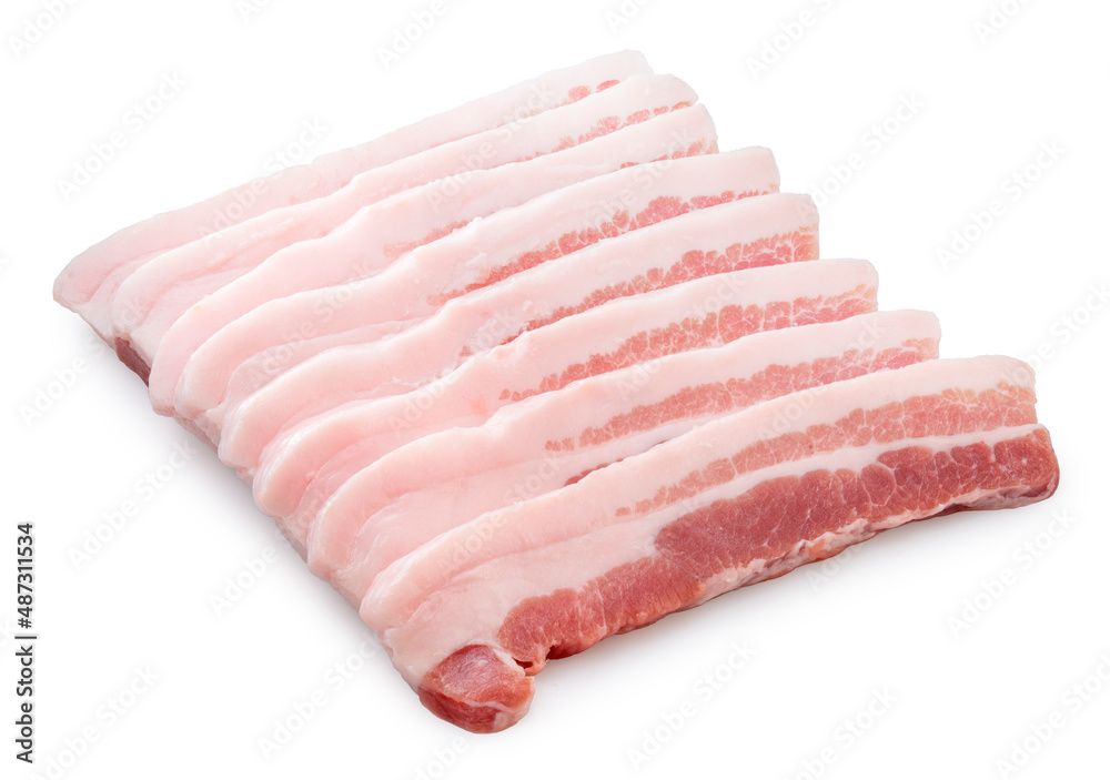 Streaky pork isolated on white background, Slide pork belly raw or Raw sliced bacon on white background with clipping path Streaky pork isolated on white background, Slide pork belly raw or Raw sliced bacon on white background with clipping path