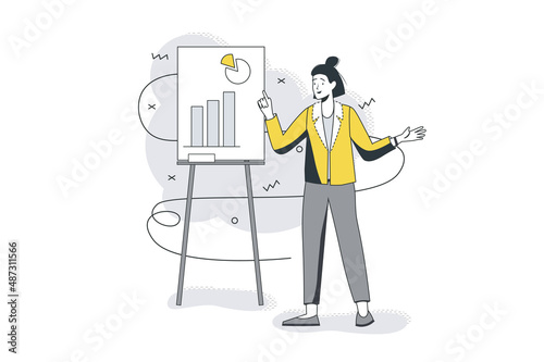 Fototapeta Naklejka Na Ścianę i Meble -  Business process flat line concept. Businesswoman analyzes company data and shows statistics on presentation. Strategy and planning. Vector illustration with outline people scene for web banner design