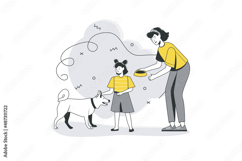 Healthy family flat line concept. Mom and daughter feed dog and take care  of pet. Parent,