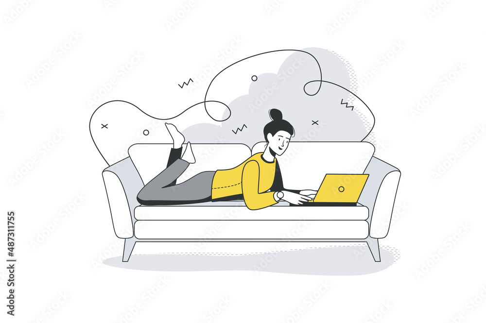 Fototapeta premium Freelance working flat line concept. Woman works on laptop and lies on sofa. Remote worker doing tasks. Freelancer at home office. Vector illustration with outline people scene for web banner design