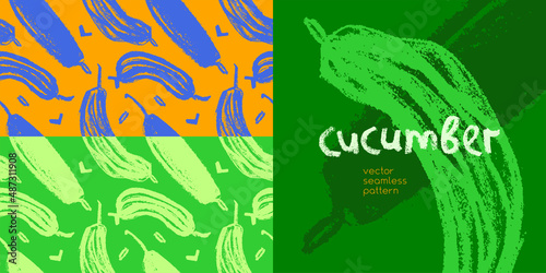 Vector cucumber pattern seamless. Hand drawn cuke drawings, corm illustrations. Vegetarian restaurant banner. Botanical ornament. Green vegetable backdrop for organic gherkin label. Cucumber wallpaper