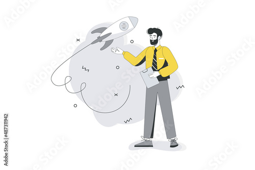 Startup flat line concept. Businessman starts new business. Entrepreneur creates new project, develops company and achievement goal. Vector illustration with outline people scene for web banner design