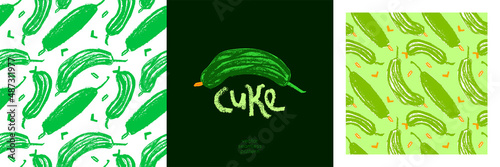 Vector cucumber pattern seamless. Hand drawn cuke drawings, corm illustrations. Vegetarian restaurant banner. Botanical ornament. Green vegetable backdrop for organic gherkin label. Cucumber wallpaper