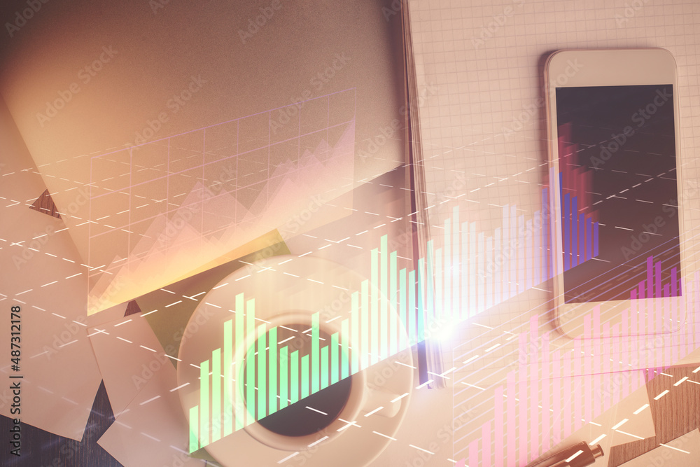 Multi exposure of forex graph hologram over desktop with phone. Top view. Mobile trade platform concept.