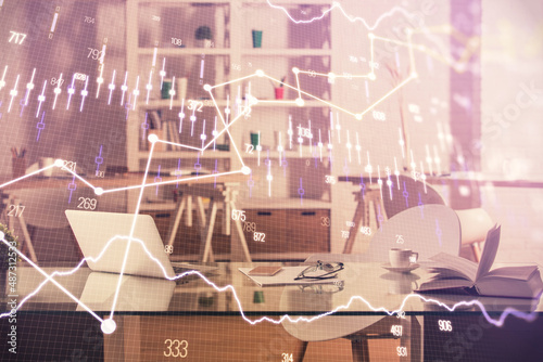 Multi exposure of stock market chart drawing and office interior background. Concept of financial analysis.