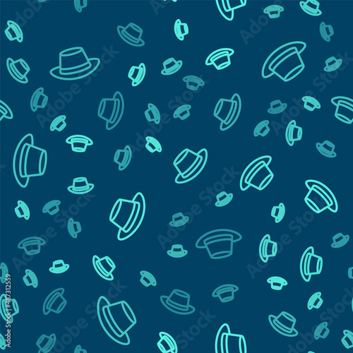 Green line Oktoberfest hat icon isolated seamless pattern on blue background. Hunter hat with feather. German hat. Vector