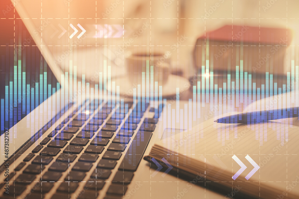 Double exposure of financial chart drawing and desktop with coffee and items on table background. Concept of forex market trading Double exposure of financial chart drawing and desktop with coffee and items on table background. Concept of forex market trading