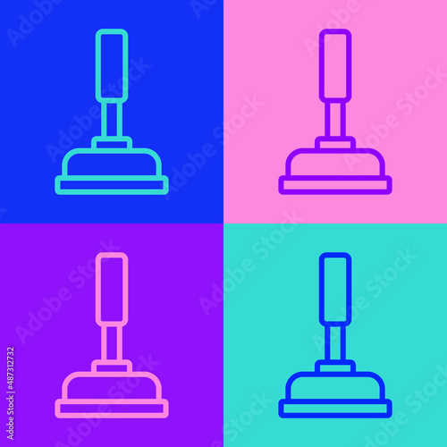 Pop art line Rubber plunger with wooden handle for pipe cleaning icon isolated on color background. Toilet plunger. Vector