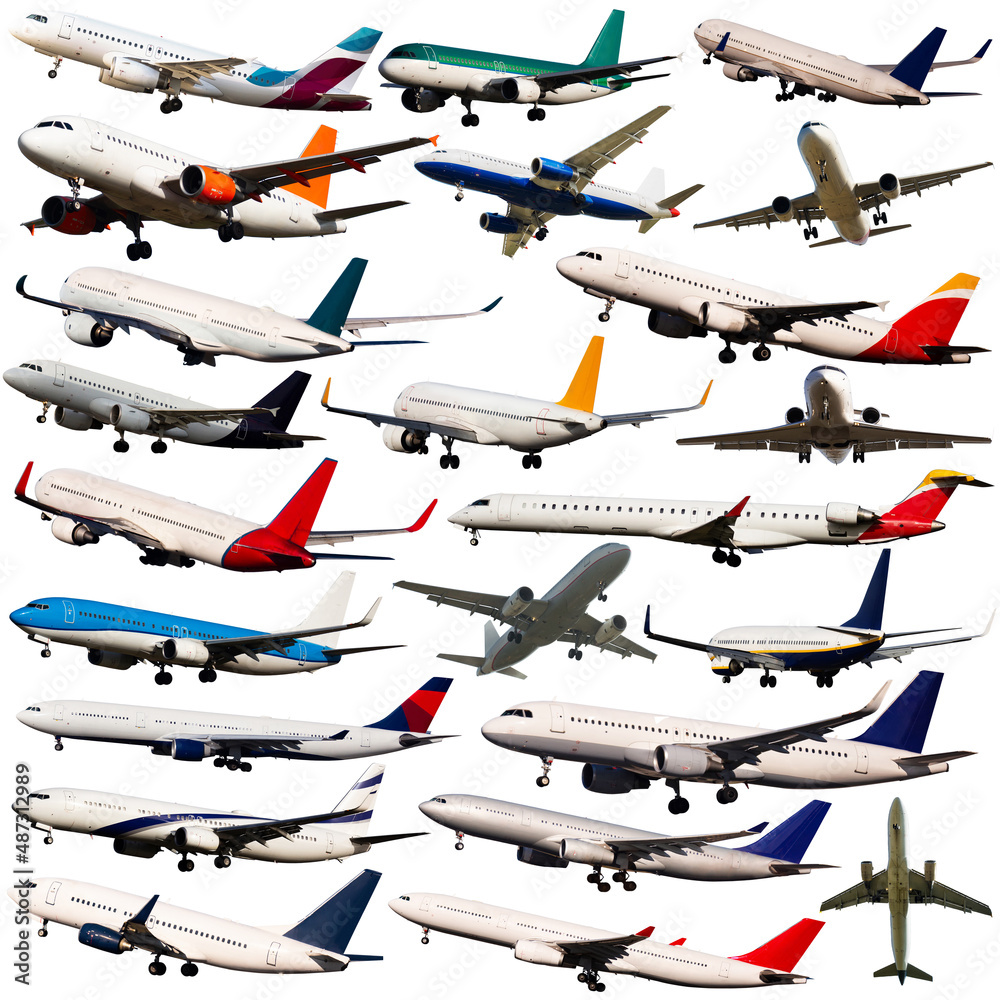 Collage of different modern passenger airplanes isolated on white background