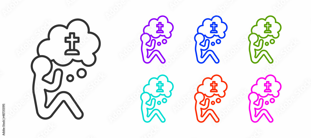 Black line Man graves funeral sorrow icon isolated on white background. The emotion of grief, sadness, sorrow, death. Set icons colorful. Vector Black line Man graves funeral sorrow icon isolated on white background. The emotion of grief, sadness, sorrow, death. Set icons colorful. Vector