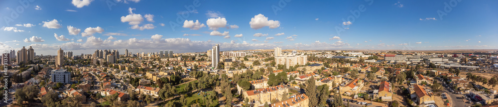 The 180 degree panoramic view on buildings in Beer Sheva city at winter