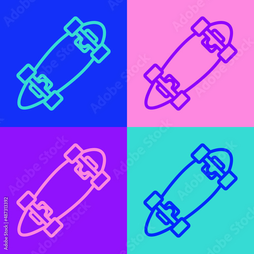 Pop art line Longboard or skateboard cruiser icon isolated on color background. Extreme sport. Sport equipment. Vector