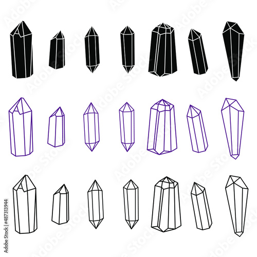 Crystal outline and silhouette vector illustration minimalist icon set. Linear sign of treasure gem. Mineral  diamond  quartz simple icons isolated on white background.