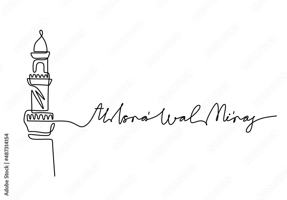 One continuous single line of mosque tower with isra wal miraj word isolated on white background. One continuous single line of mosque tower with isra wal miraj word isolated on white background.