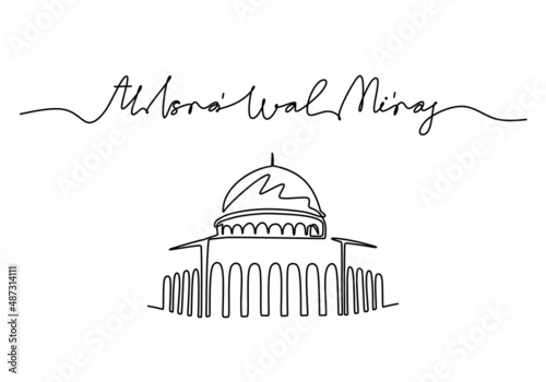 One continuous single line of small mosque with isra miraj word isolated on white background.