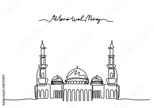 One continuous single line of big mosque with isra miraj word isolated on white background.