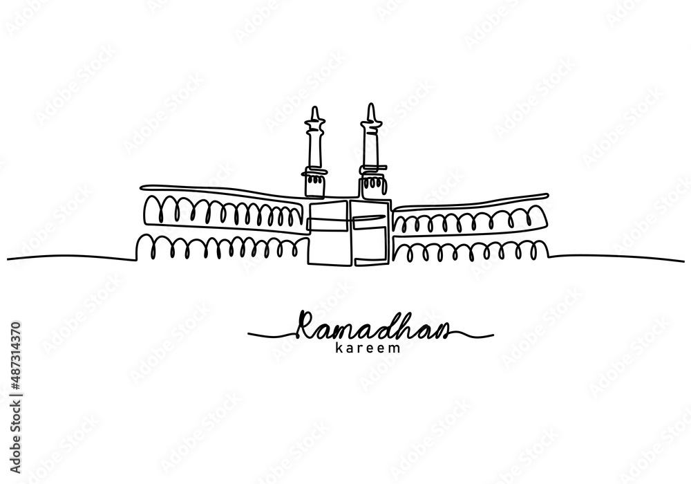 One continuous single line of ramadan kareem word with ka'bah in mecca isolated on white background.
