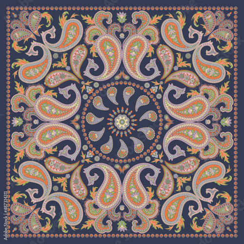 Square design for shawls, napkins, pillowcases, tablecloths. Oriental ornament in the style of Paisley. Indian style. Kalamkari. Dark Grey Background. 