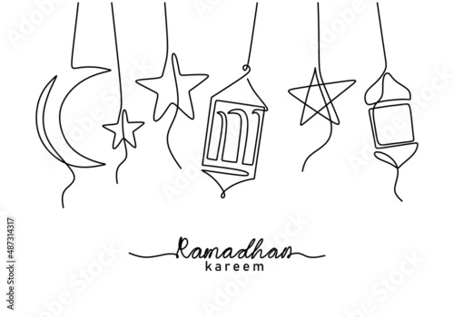 One continuous single line of ramadan kareem word with hanging lantern and star isolated on white background.