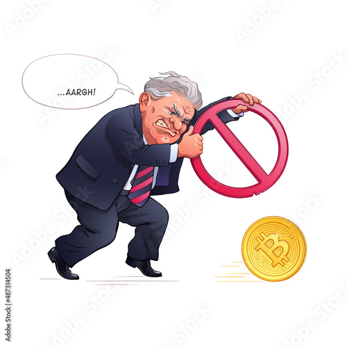 Stubborn attempt to ban bitcoin. Cartoon government bureaucrat tries to catch a rolling gold coin and block it with a prohibition sign. Hand drawn vector caricature about cryptocurrency regulation