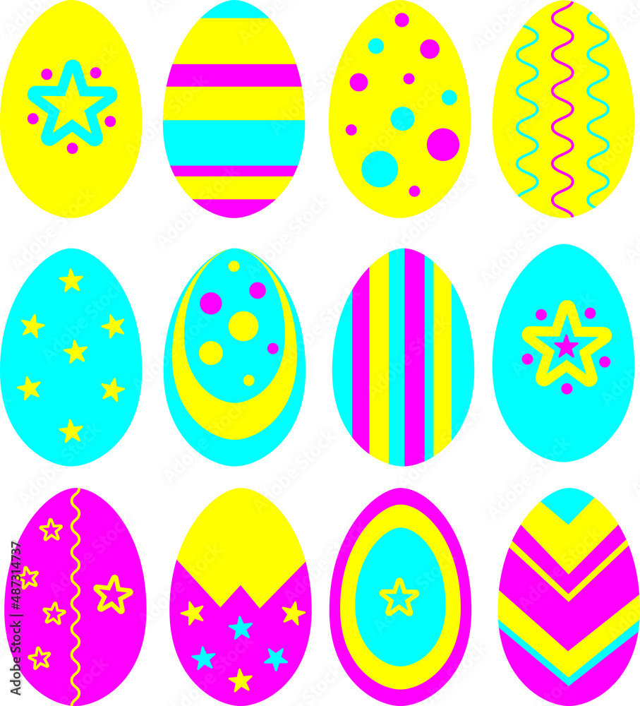 Vector set: colotful easter eggs. Holiday decor in pink, blue, yellow colors. Isolated on white elements for disign card, poster, package.