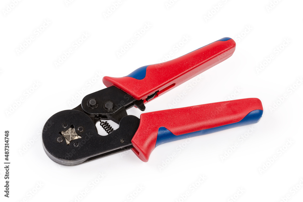 Crimping tool for round wire terminals on a white background Crimping tool for round wire terminals on a white background