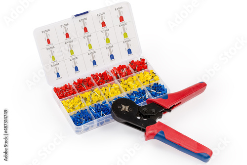 Canvas Print Crimping tool against box of round crimp wire end terminals