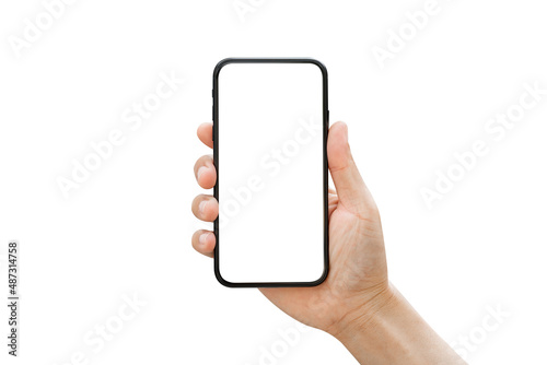 Male hand holding smartphone with blank screen isolated on white background.