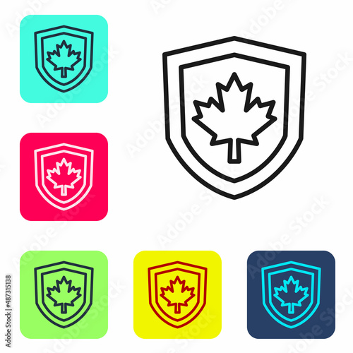Black line Canada flag on shield icon isolated on white background. Set icons in color square buttons. Vector