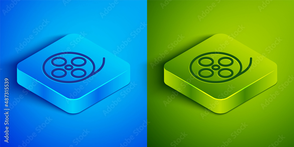 Isometric line Film reel icon isolated on blue and green background. Square button. Vector Isometric line Film reel icon isolated on blue and green background. Square button. Vector