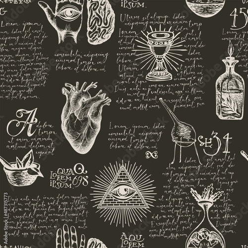 Abstract hand-drawn seamless pattern with sketches and handwritten text lorem ipsum on a black. Chalk drawings. Monochrome vector background on the theme of occultism and witchcraft in vintage style
