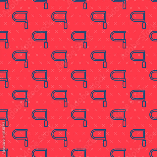 Blue line Hacksaw icon isolated seamless pattern on red background. Metal saw for wood and metal. Vector