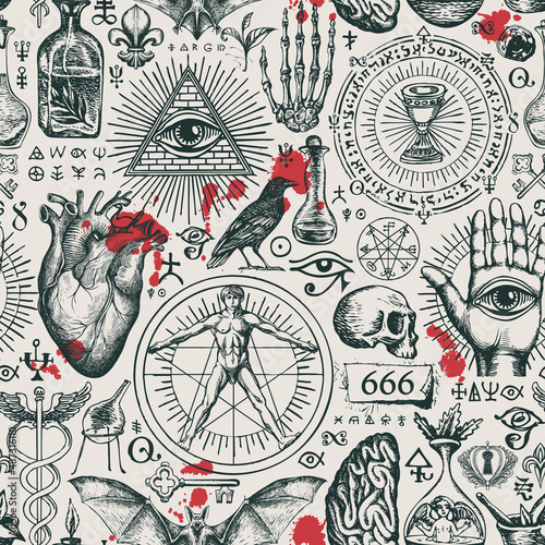 Abstract hand-drawn seamless pattern on a theme of occultism, satanism and witchcraft in vintage style. Repeating vector background with ominous sketches and blood drops on the old paper backdrop