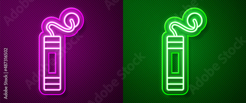 Glowing neon line Detonate dynamite bomb stick icon isolated on purple and green background. Time bomb - explosion danger concept. Vector