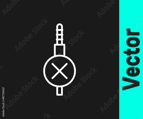 White line No audio jack icon isolated on black background. Audio cable for connection sound equipment. Plug wire. Musical instrument. Vector