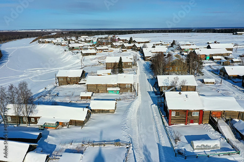 kimzha village top view  winter landscape russian north arkhangelsk district