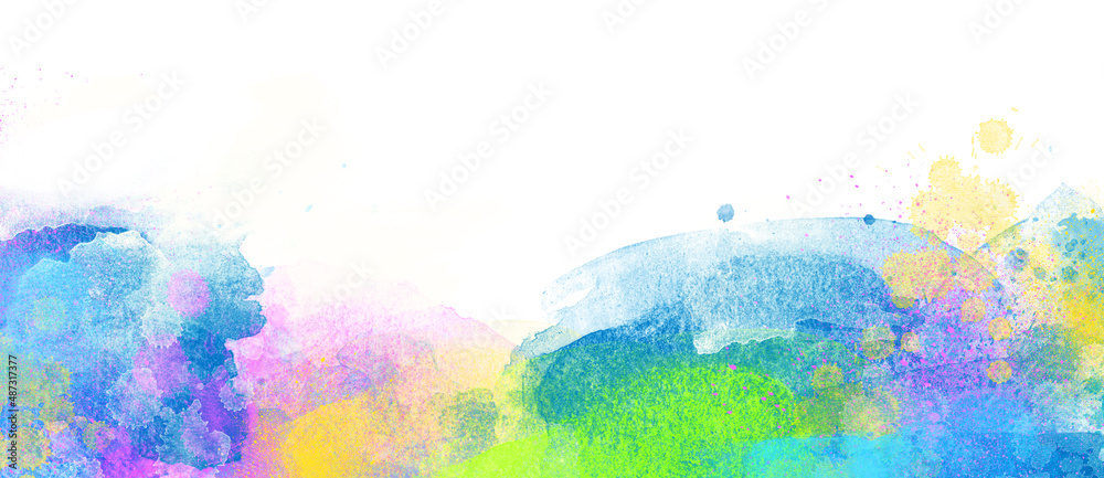 Artistic watercolor color banner background isolated on white - paint stains, splashes and flows