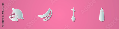 Set paper cut Lemon, Green peas, Fresh green onions and Eggplant icon. Paper art style. Vector